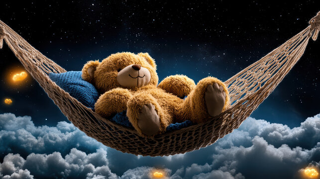 Cozy teddy bear hammock starry night cloud dreamscape - Powered by Adobe