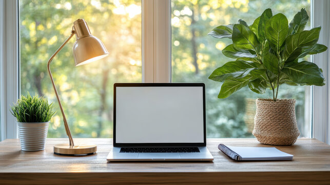 Cozy home office desk with laptop lamp and plants by window, warm morning light