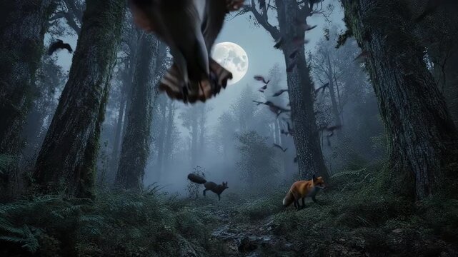 Forest scene with a full moon, a fox, bats, and soaring birds at night
