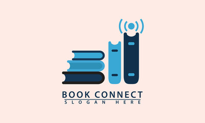 Stacked books logo with a digital signal. Represents e-learning, online library, networked knowledge, and communication. Modern design.