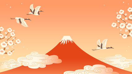 富士山と鶴の背景　和風お正月素材
