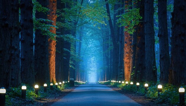Enchanting Twilight Forest Path Illuminated by Glowing Lights and Mystical Blue Fog