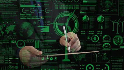 A business professional analyzes green energy data on a tablet amid a digital background featuring analytics and renewable energy visuals, emphasizing innovation and sustainability. Cipher