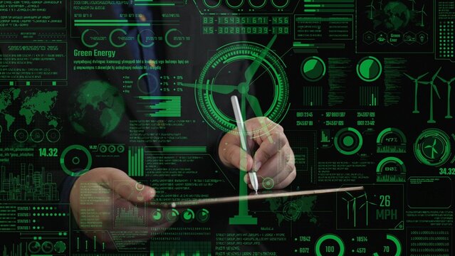 A business professional analyzes green energy data on a tablet amid a digital background featuring analytics and renewable energy visuals, emphasizing innovation and sustainability. Cipher