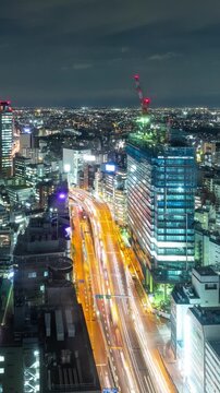 Time Lapse of a busy highway and the buildings of Tokyo Japan at night. Vertical Video.