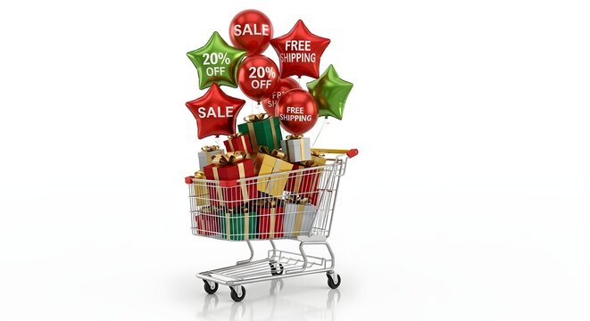 Shopping Cart Extravaganza: A shopping cart overflowing with presents and balloons, highlighting a special offers, discounts and free shipping opportunities, symbol of a festive.