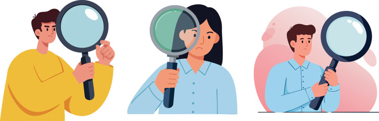 People examining objects with magnifying glass in different poses for research analysis and investigation concepts vector illustration 