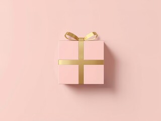 Elegant pink gift box with golden ribbon and bow on pastel background. Minimal luxury design concept for celebration, wedding, birthday, or holiday branding visuals.