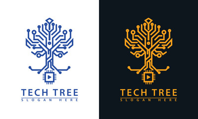 Digital tree logo formed by circuit lines. Symbolizes technology growth, connectivity, IT education, and root data.
