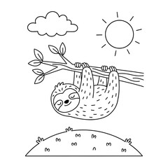 Fototapeta premium Sloth hanging from a tree branch with sun and clouds