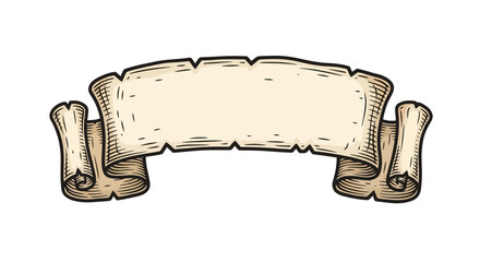 Vintage ribbon banner scroll in a hand drawn engraving style. Old parchment papyrus design element for a message or text heading