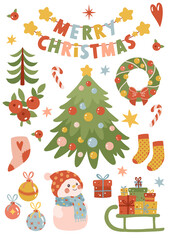 Cute Christmas clipart set with a snowman, Christmas tree, festive wreath, presents, candy canes, and cozy holiday decorations. Perfect for cards, invitations, gift tags, stickers, winter designs