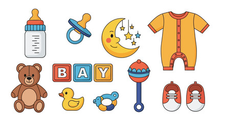 A colorful set of cute baby shower icons and newborn essential items like a bottle, pacifier, and teddy bear