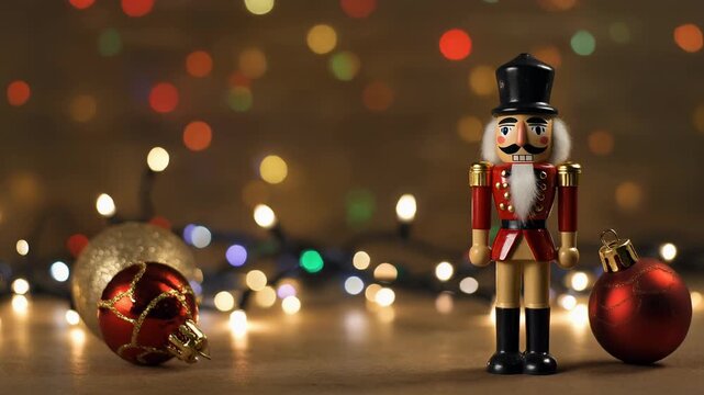 A classic wooden nutcracker soldier stands among festive Christmas baubles and blurred holiday lights, creating a warm and traditional holiday scene.