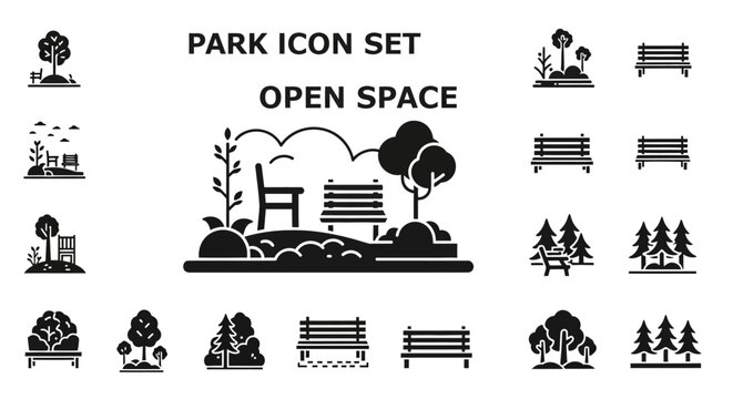 Park Icon Set Open Space, Greenery, and Relaxation Elements for Outdoor Design