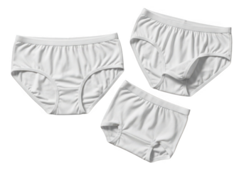 Three white cotton brief underwear styles isolated on transparent background