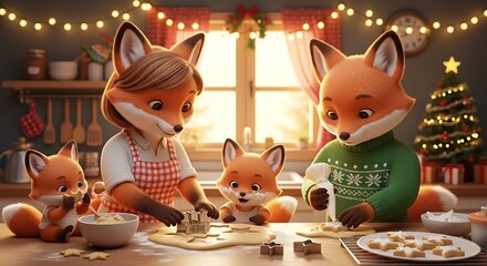 Cozy fox family decorating christmas cookies together indoors warm festive atmosphere