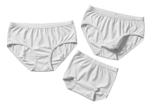Three white cotton brief underwear styles isolated on transparent background