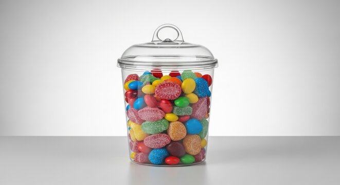 Colorful candy jar brimming with sweet treats ready for a party or tempting dessert display, perfect for fun
