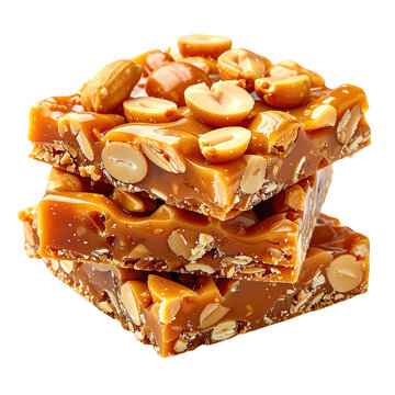 Stack of caramel squares studded with peanuts, glistening, clipart, isolated on a transparent background.