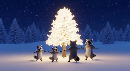 Cartoon animals joyfully celebrating around a brightly lit christmas tree in a snowy forest