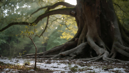 Winter sapling before an ancient tree with snow