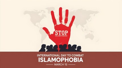 International Day to Combat Islamophobia design. It features a hand stop sign and women in hijab. Vector illustration.