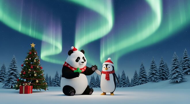 Cute panda and penguin celebrate christmas under the magical aurora borealis lights