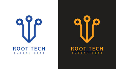 Abstract root tech logo with three nodes. Symbolizes foundation, source, digital roots, and core technology solutions.