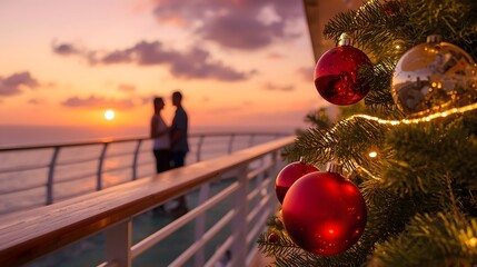 Romantic Christmas holiday sunset scene on a cruise ship deck with decorated tree, glowing lights, and couple enjoying ocean view together