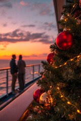 Romantic Christmas holiday sunset scene on a cruise ship deck with decorated tree, glowing lights, and couple enjoying ocean view together