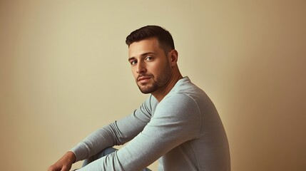Stylish young man posing in soft studio lighting with neutral background, showcasing modern minimal fashion and calm confident expression