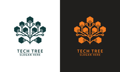 Tech tree logo with circuit branches and hexagon leaves. Symbolizes digital growth, data science, network structure, and technology.