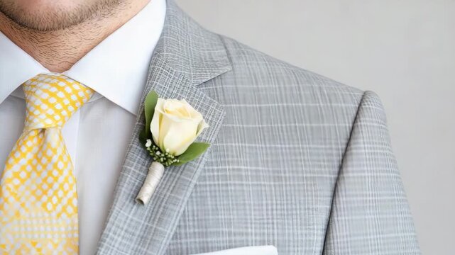 Gray plaid suit yellow tie cream rose boutonniere groom lapel detail for wedding celebration