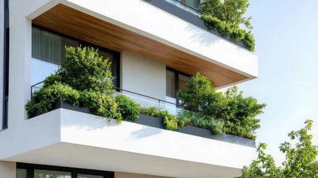 Modern apartment balcony with lush plant greenery wooden soffit and glass railing creating serene