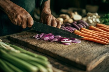 Older hands preparing fresh red onions on a rustic wooden cutting board surrounded by healthy root vegetables and greens