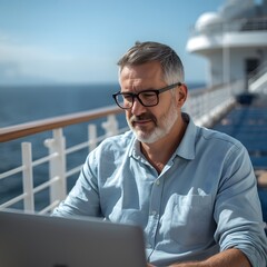A mature professional working remotely on a laptop aboard an outdoor deck overlooking the ocean, capturing the concept of digital nomad lifestyle, productivity, and modern remote work in a relaxing co