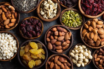 Obraz premium Assorted healthy nuts seeds and dried fruits in small wooden bowls on dark surface