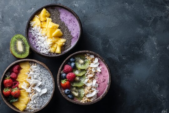 Three healthy fruit smoothie bowls topped with fresh pineapple kiwi berries seeds and coconut flakes on dark textured surface - Powered by Adobe