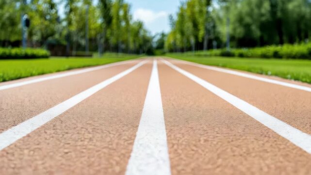 Running track lanes stretching into park distance with white lines greenery and bright asphalt lane