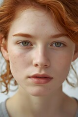 Close-up portrait of a young red-haired individual with natural freckles and soft lighting, highlighting expressive eyes and delicate facial details for beauty, skincare, and lifestyle visual themes