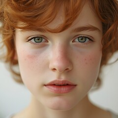 Close-up portrait of a young red-haired individual with natural freckles and soft lighting, highlighting expressive eyes and delicate facial details for beauty, skincare, and lifestyle visual themes