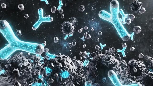 Antibodies binding to virus particles, Y-shaped molecules glowing as they swarm and neutralize invaders like cosmic defenders