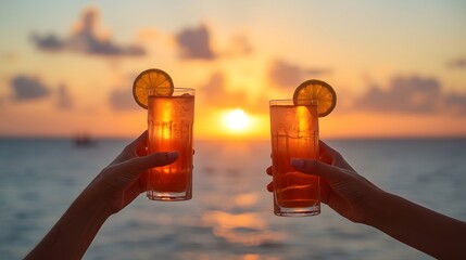 Celebratory beach moment with two refreshing cocktails held against a glowing sunset over the ocean, capturing vibrant color, relaxed vacation atmosphere, and the warm mood of shared enjoyment in a sc