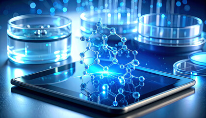 Digital Molecules Research: A captivating view of science, revealing digital molecular structures overlaying a tablet, suggesting the advancement in research 
