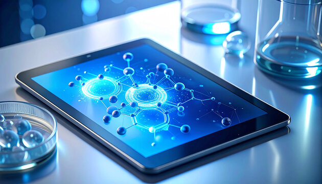 Digital Innovation: A tablet displays a striking science-themed interface, complemented by laboratory glassware. The scene evokes cutting-edge technology merging with scientific inquiry.