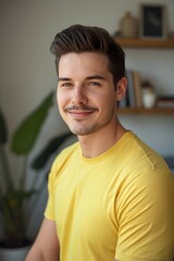 Warm natural portrait of a young man smiling confidently indoors, surrounded by soft daylight and subtle home d&eacute;cor details, highlighting an approachable expression and relaxed atmosphere suitable for