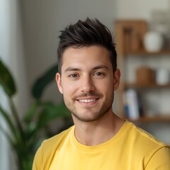 Warm natural portrait of a young man smiling confidently indoors, surrounded by soft daylight and subtle home d&eacute;cor details, highlighting an approachable expression and relaxed atmosphere suitable for
