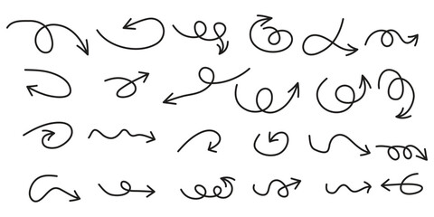 Hand-Drawn Arrow Line Icons – Brush Sketch Arrow Vector Set,Brush Stroke Arrows – Freehand Direction Line Icons,Doodle Arrow Set