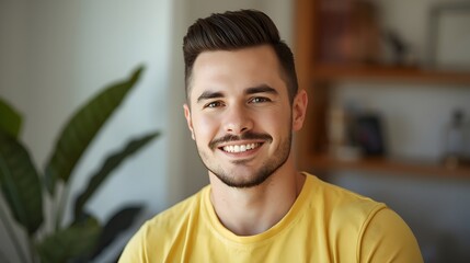 Warm natural portrait of a young man smiling confidently indoors, surrounded by soft daylight and subtle home d&eacute;cor details, highlighting an approachable expression and relaxed atmosphere suitable for